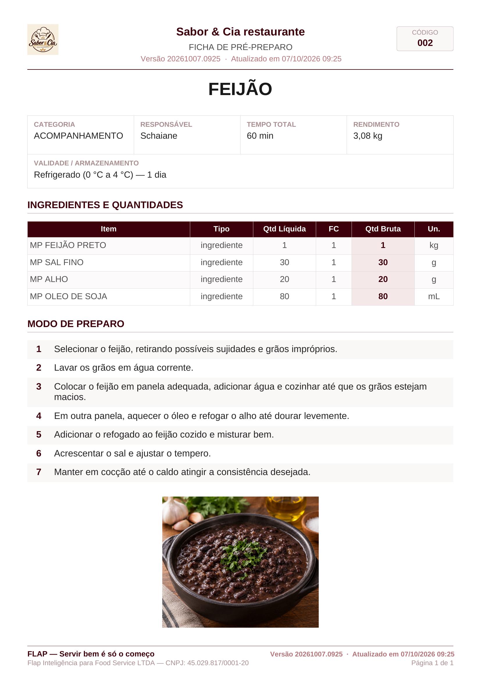 Ficha técnica de pré-preparo gerada pelo FLAP Food Service
